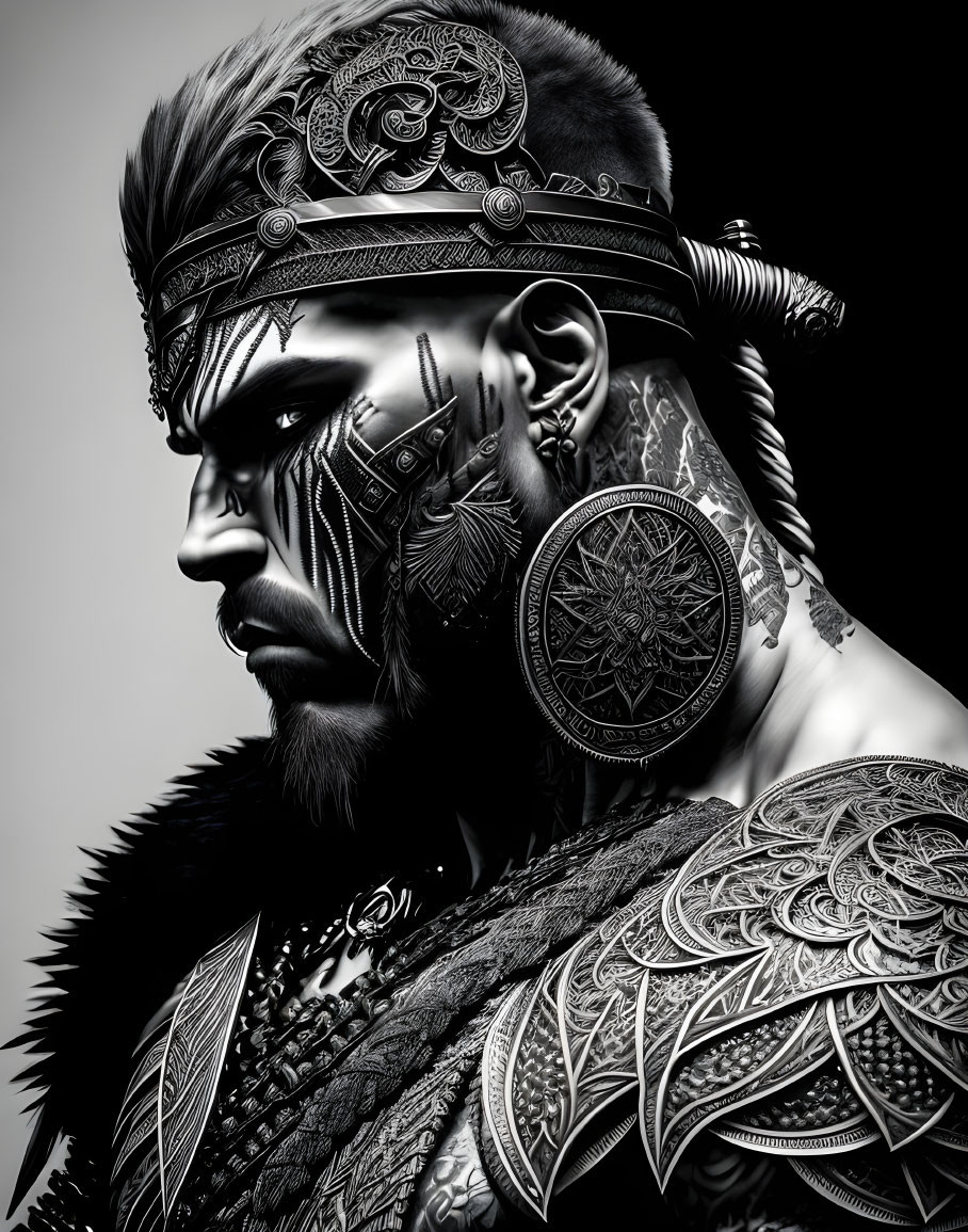 Detailed Monochrome Portrait of Male Figure with Tribal Tattoos and Ornate Armor