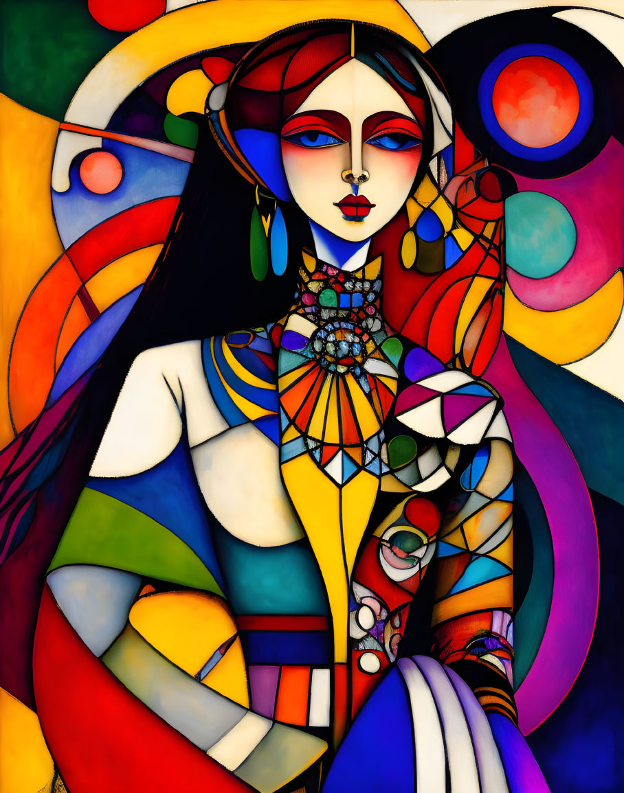 Abstract Geometric Painting of Woman in Vibrant Colors