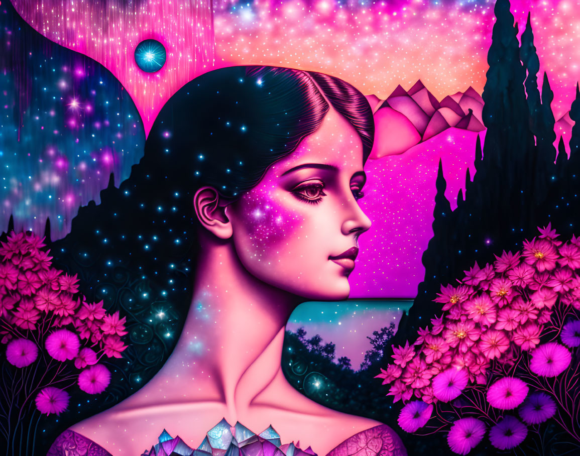 Cosmic-themed digital illustration with surreal nature blend