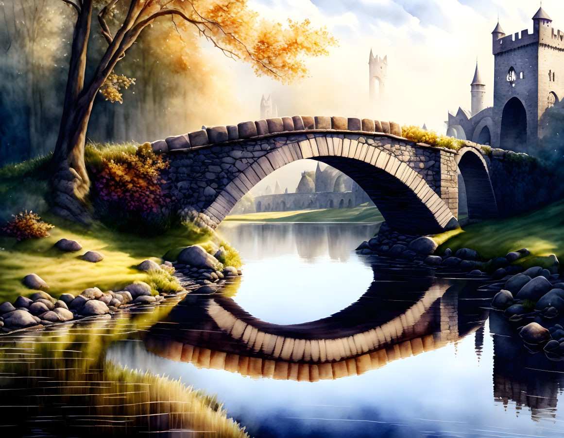 Tranquil fantasy landscape with stone bridge, castle, autumn trees, and misty forest