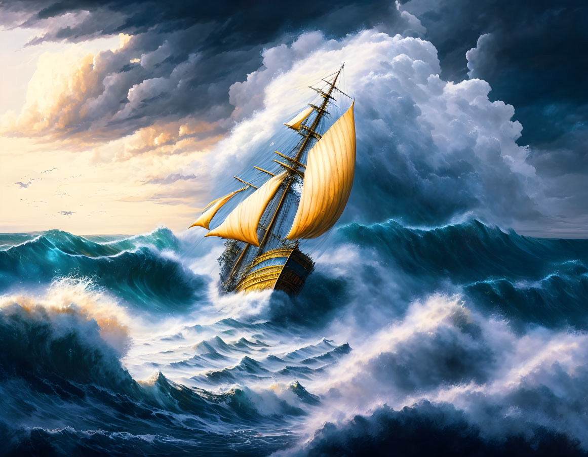 Majestic sailing ship with golden billowing sails on tumultuous ocean waves