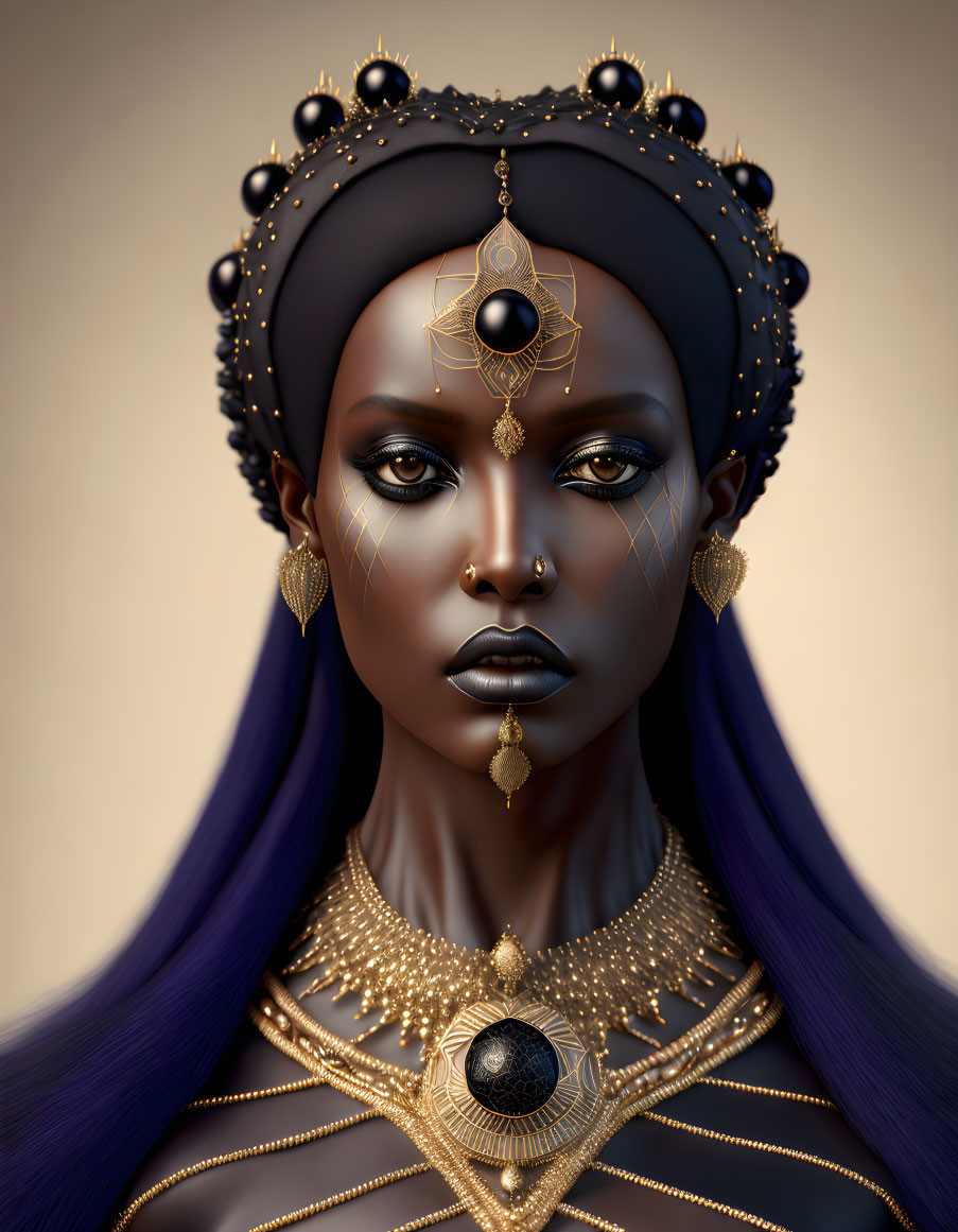 Portrait of woman with dark skin, blue hair, and golden jewelry