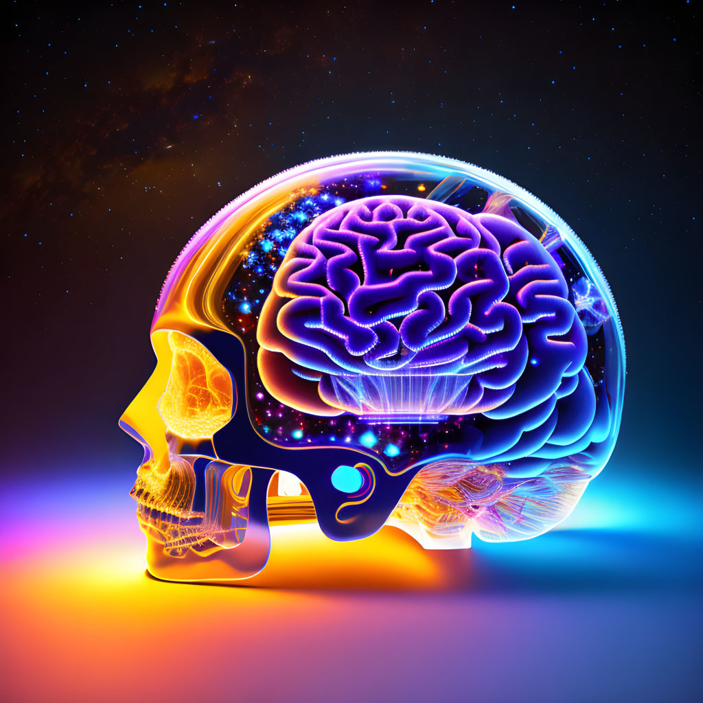 Detailed digital illustration of human head profile with transparent skull and glowing brain on cosmic background