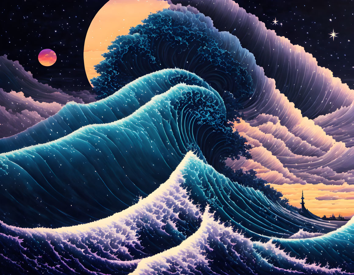 Surreal ocean waves with spiraling pattern under starry sky