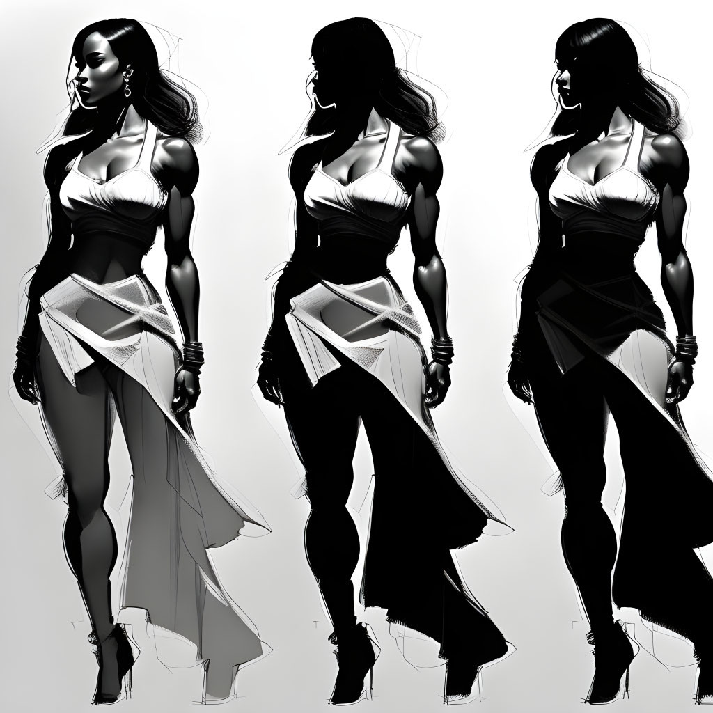 Grayscale illustrations of woman in stylish outfit poses