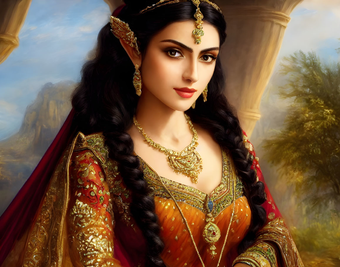 Regal woman in traditional Indian attire with jeweled headpiece against mountain backdrop