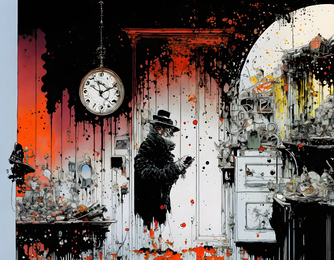 Silhouette Artwork: Person in Hat by Open Door with Clock and Chaotic Details