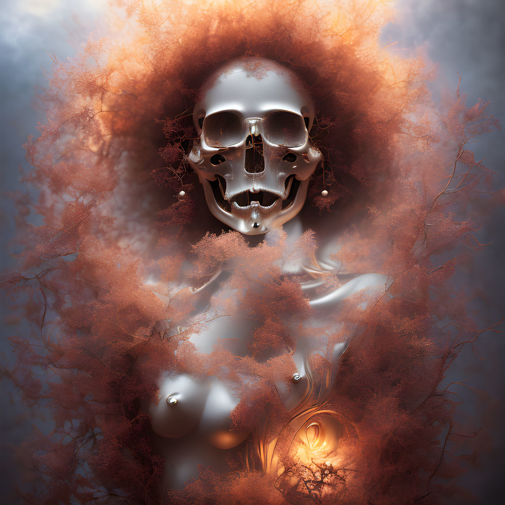 Surreal skull with fiery foliage, metallic torso, and abstract elements