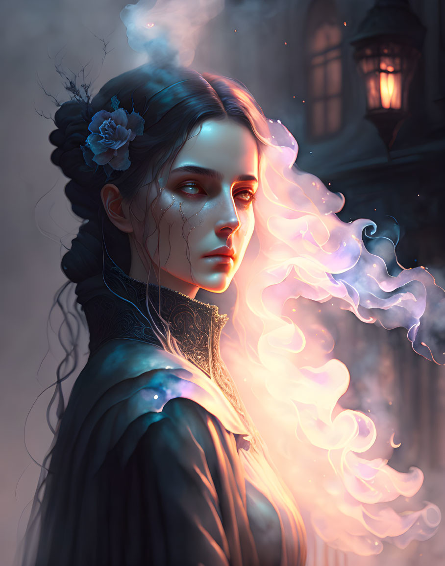 Ethereal woman with glowing eyes and flower in hair under lantern light