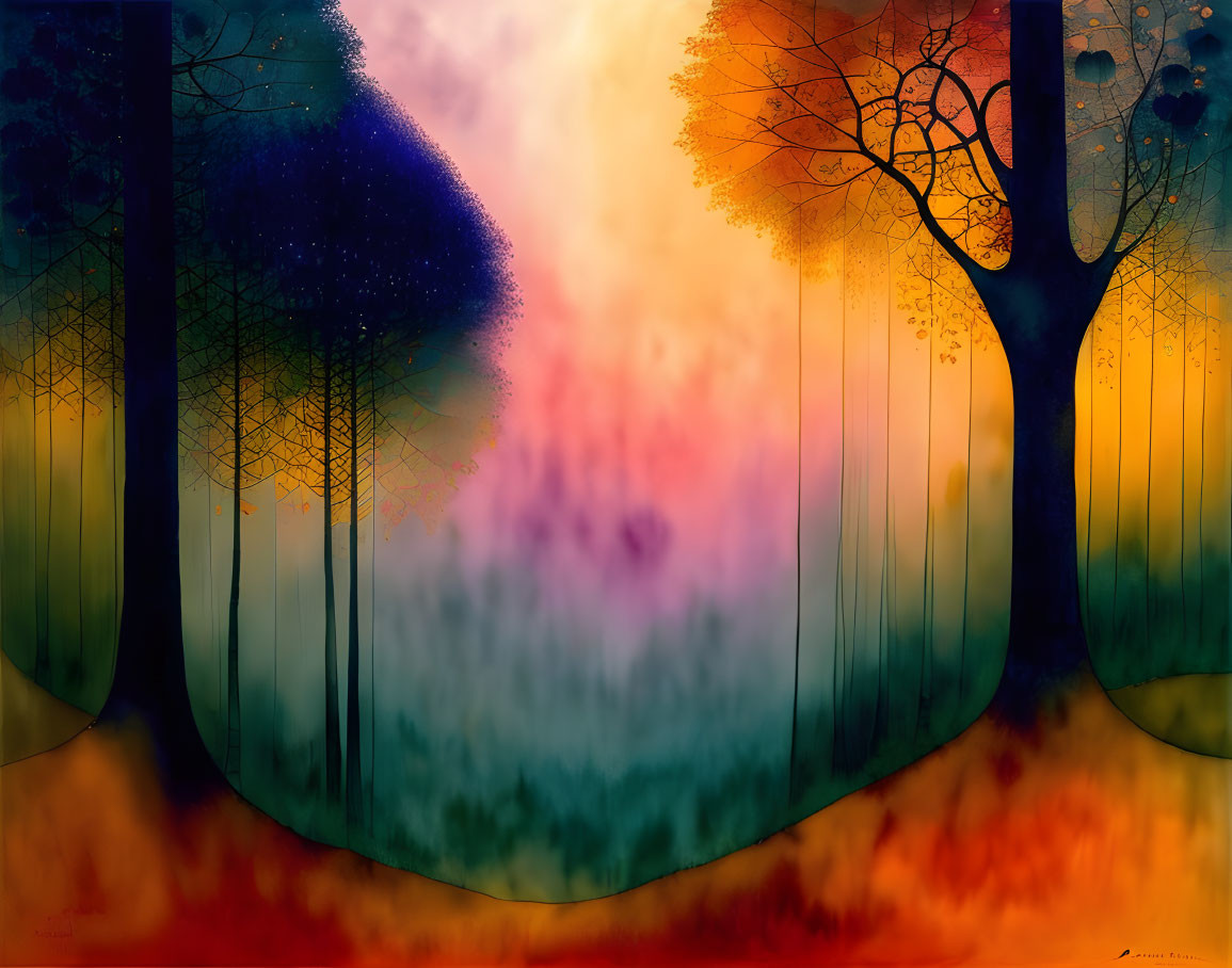 Colorful digital artwork: Misty forest with stylized trees in blue, orange, and yellow hues