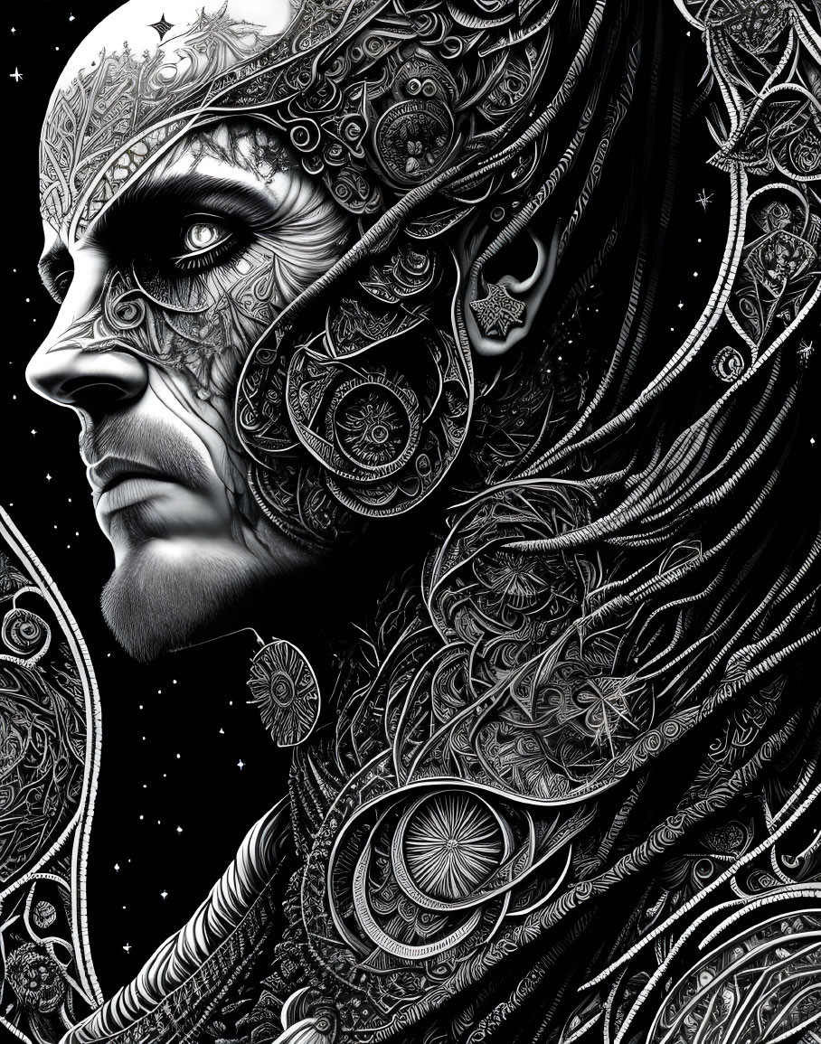 Monochrome illustration of person with celestial motifs on face.