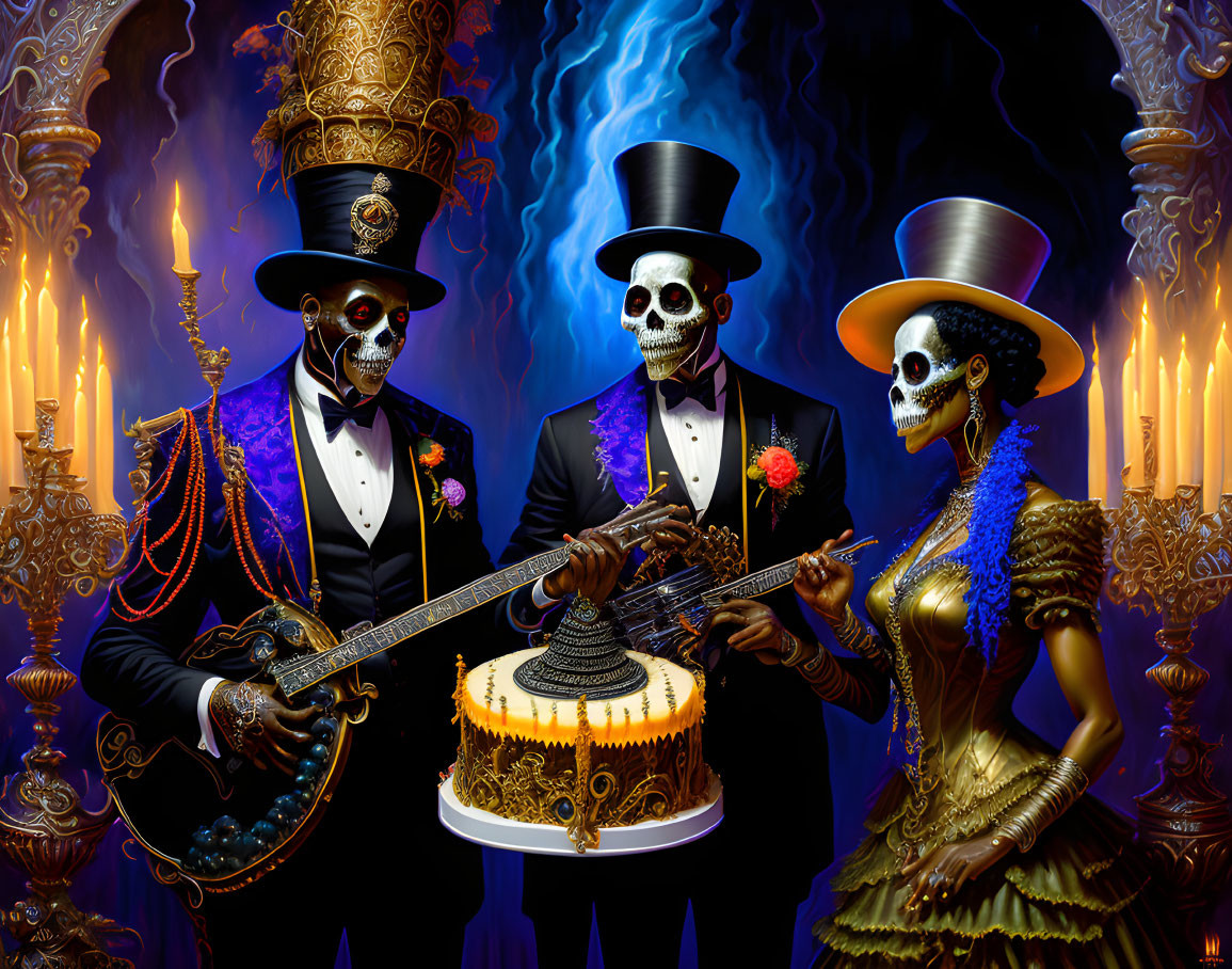 Elegant Skeletons Celebrating with Guitar and Cake in Gothic Scene