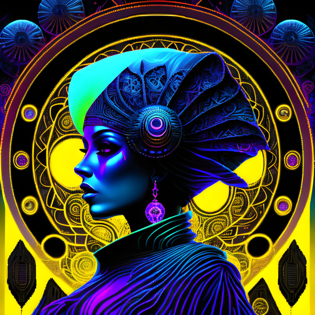 Colorful digital portrait of woman with blue skin and elaborate headdress in circular background.