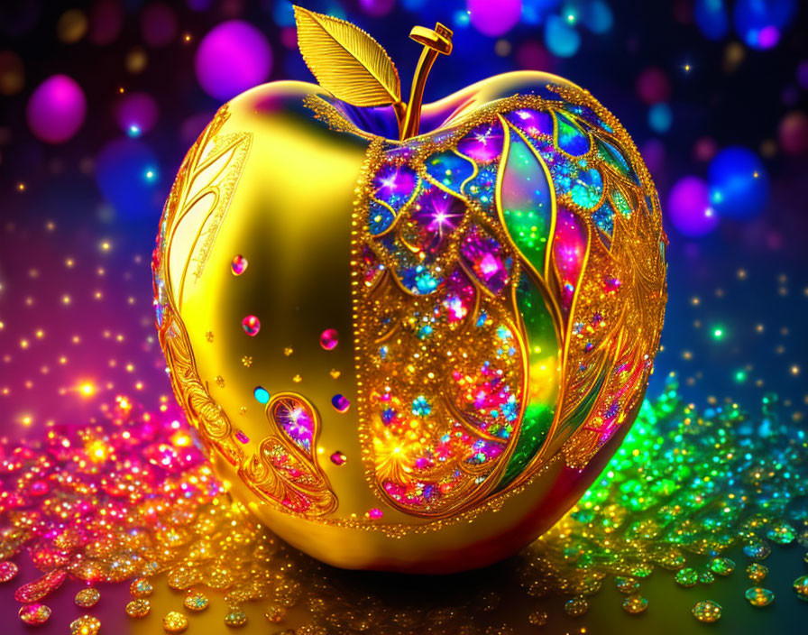 Golden apple digital artwork with intricate patterns and sparkling gems on colorful bokeh background