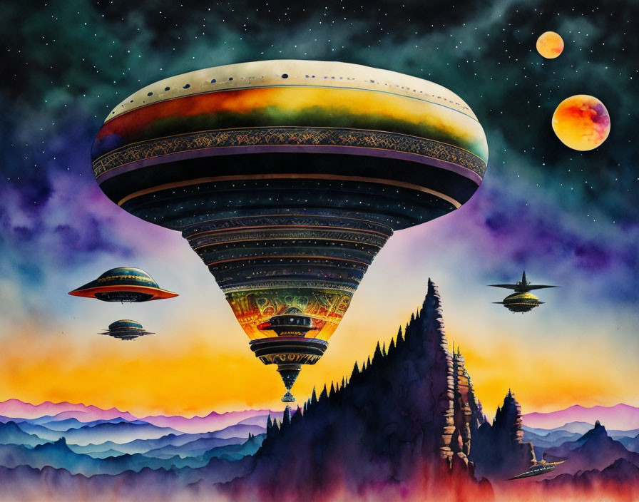 Colorful UFOs over mountain landscape with cosmic sky & planets