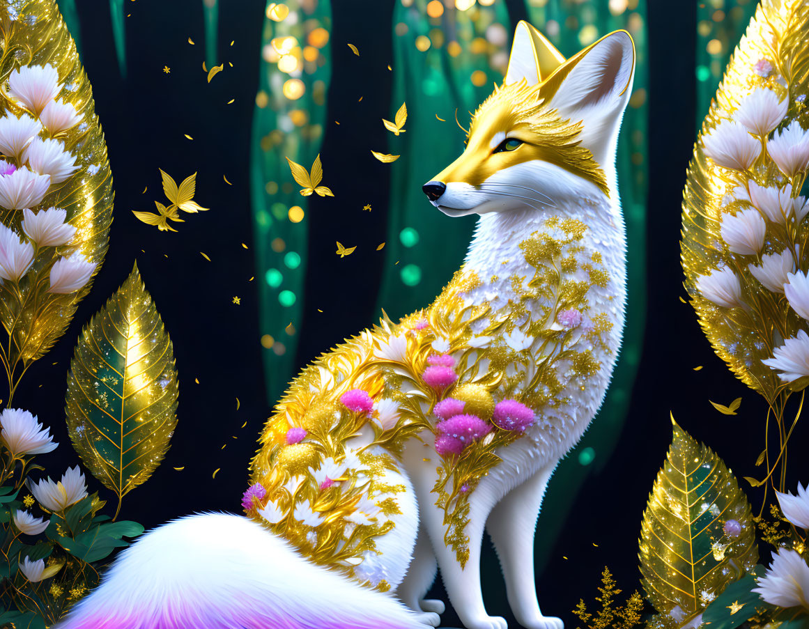 Mystical fox with golden foliage patterns in magical forest