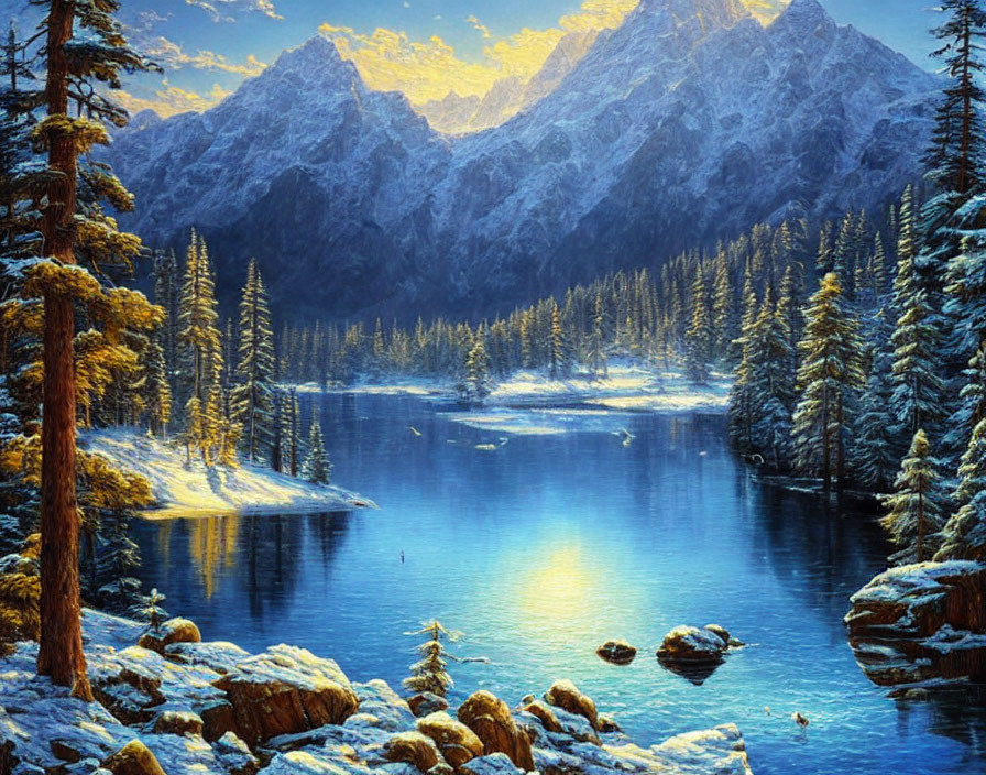 Snowy pine trees by tranquil lake with mountain backdrop