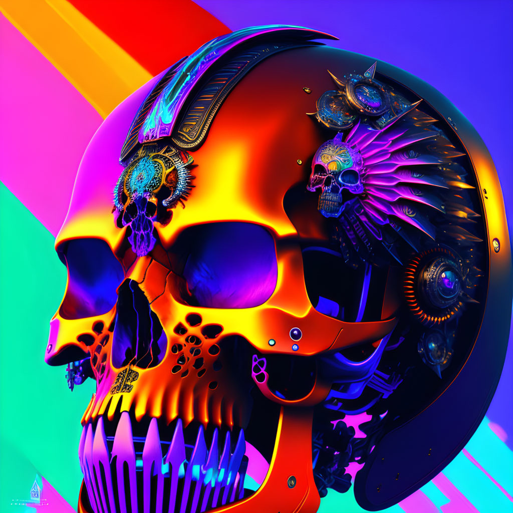 Vibrant digital illustration of mechanical skull with smaller skulls on neon gradient.