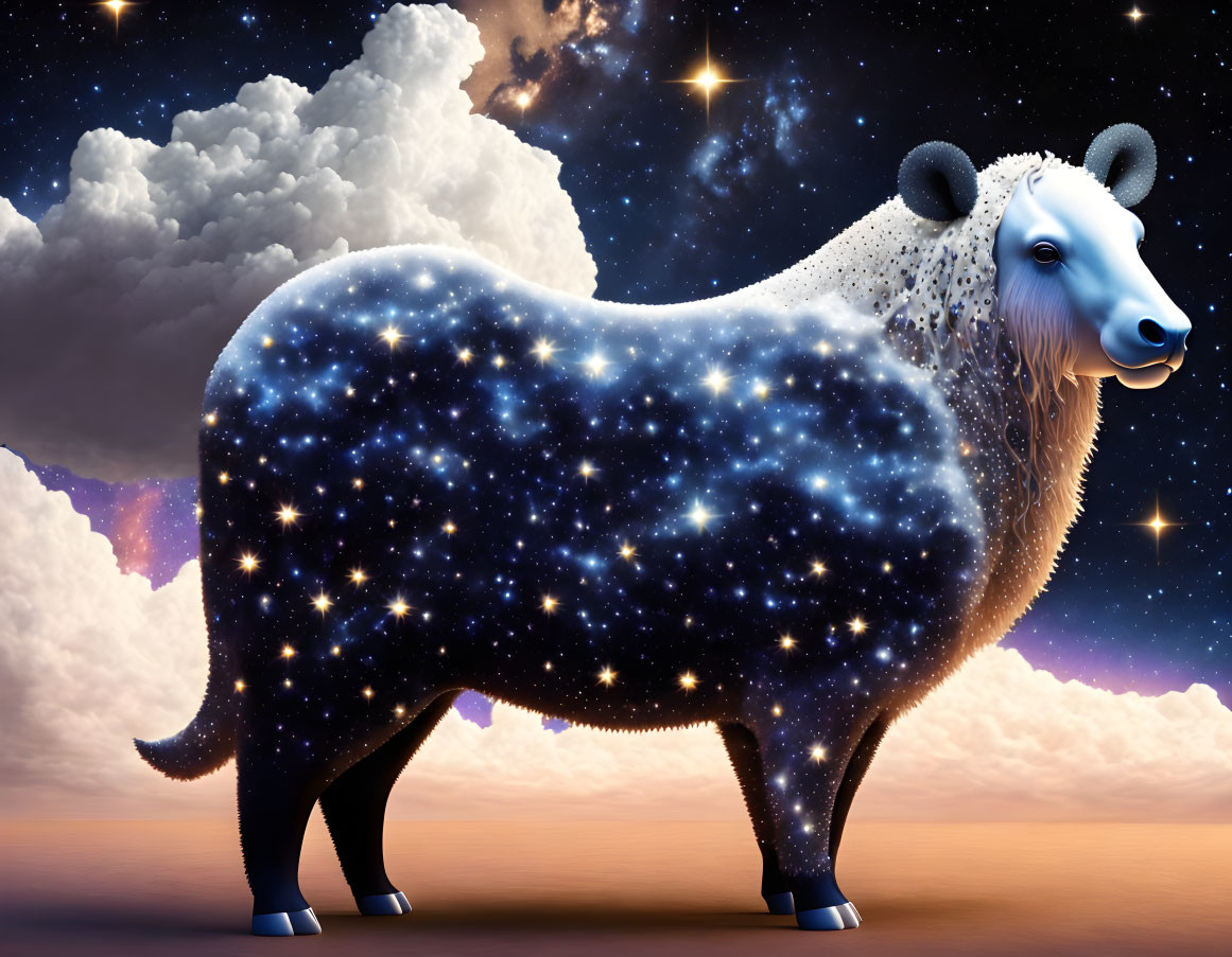 Surreal sheep with starry night sky body against twilight horizon