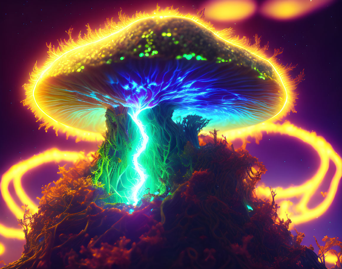 Neon-colored digital artwork: Mushroom with electrifying textures