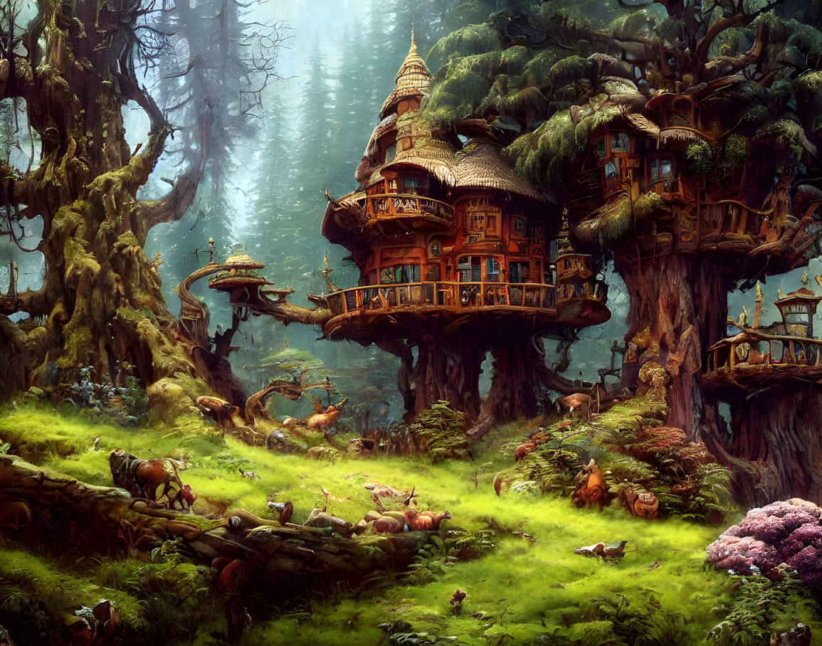 Mystical treehouses in lush enchanted forest