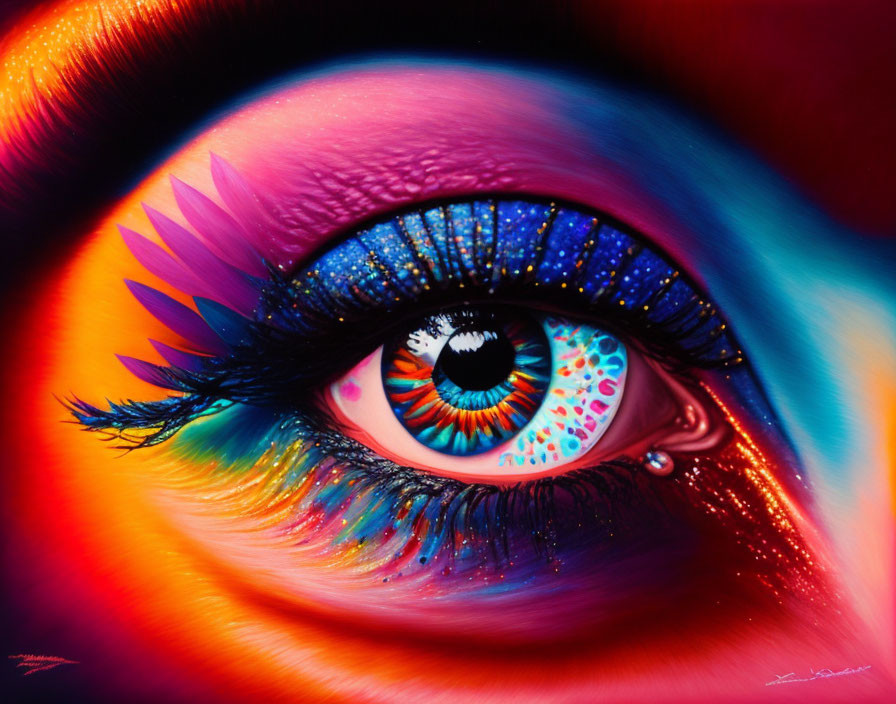 Detailed Eye Painting with Multicolored Eyelids and Vibrant Iris Patterns