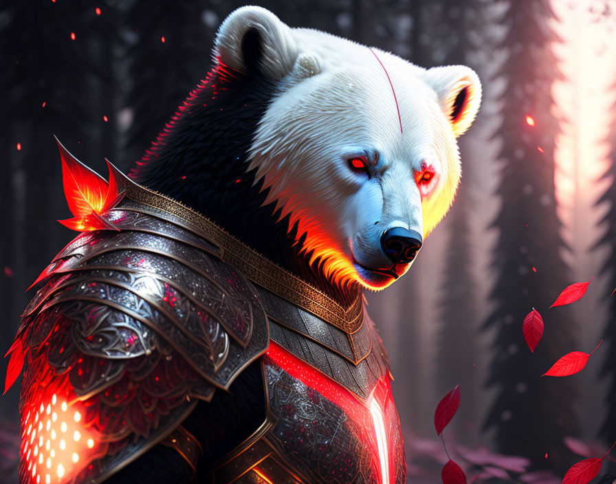 Armored bear with glowing red eyes in mystical forest with floating red leaves