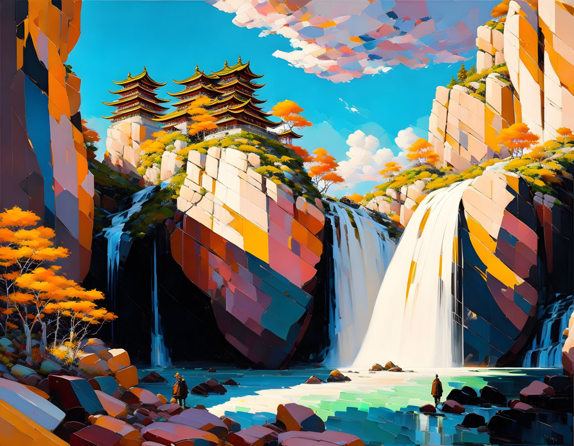 Colorful illustration of ancient temple on geometric cliffs with waterfalls and autumn foliage