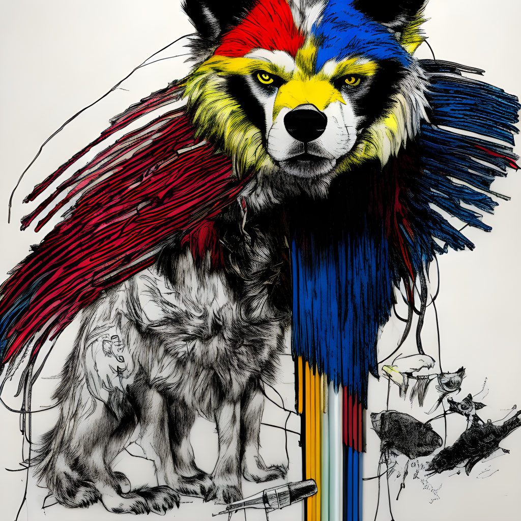 Colorful Wolf Illustration with Multicolored Face on White Background