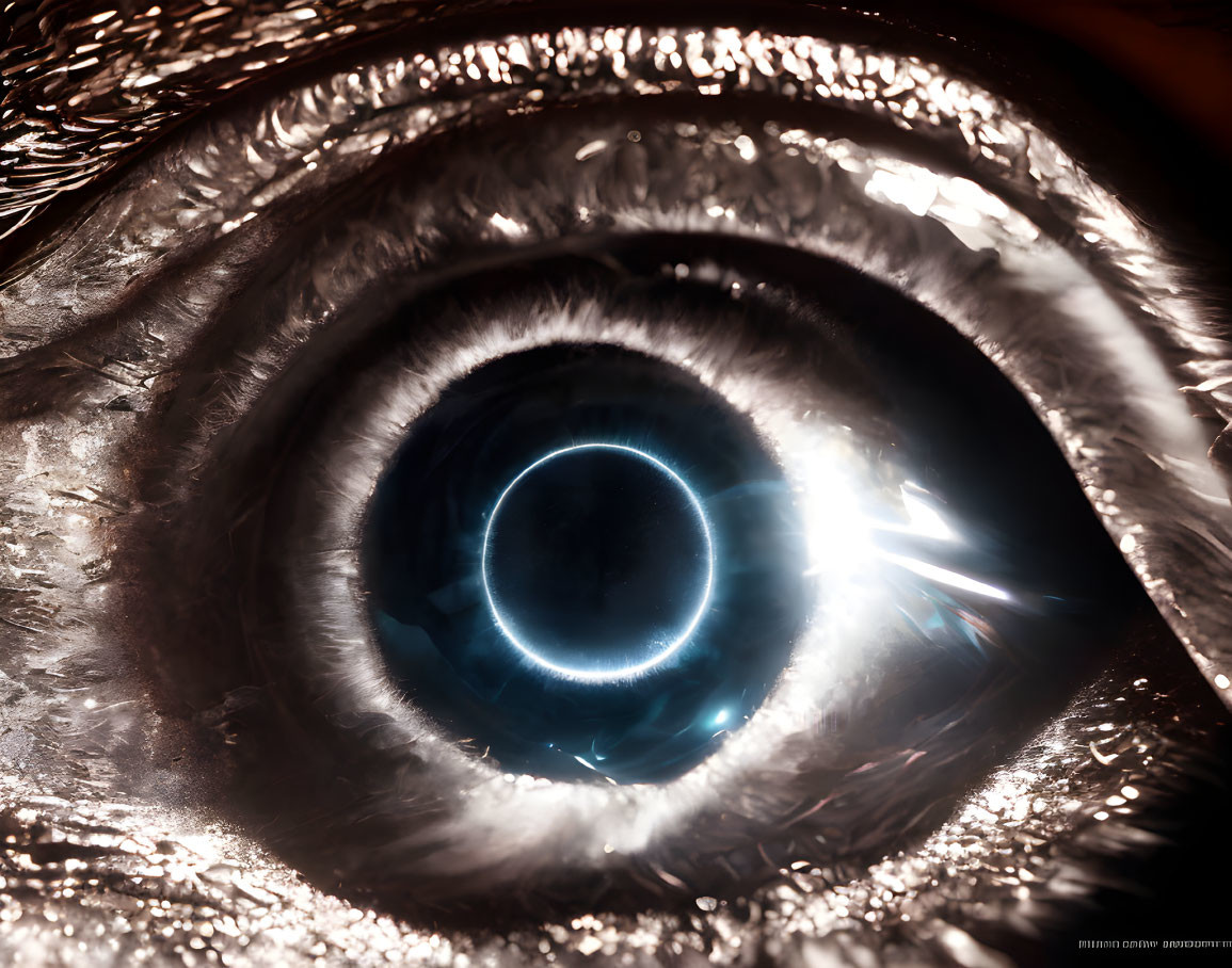 Detailed view of human eye with reflection and glowing ring.