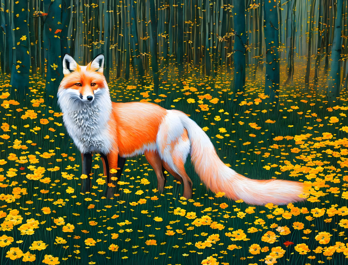 Orange Fox in Field of Yellow Flowers and Bamboo Forest