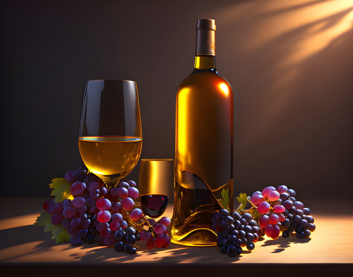 Wine bottle, glass, grapes on warm background