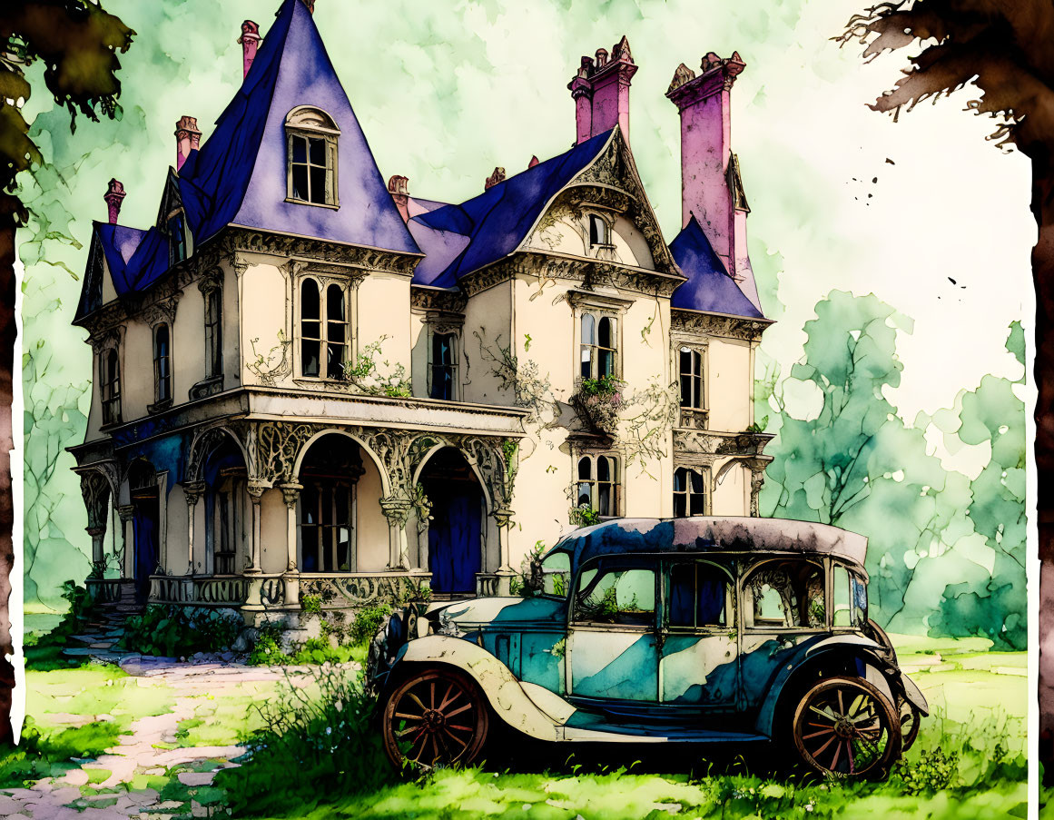 Victorian house illustration in blue and pink tones with vintage blue car, set in lush greenery under