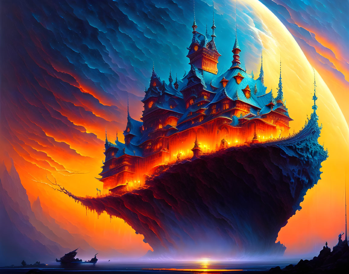 Fantasy castle on floating island with moonlit sky & sailing ship