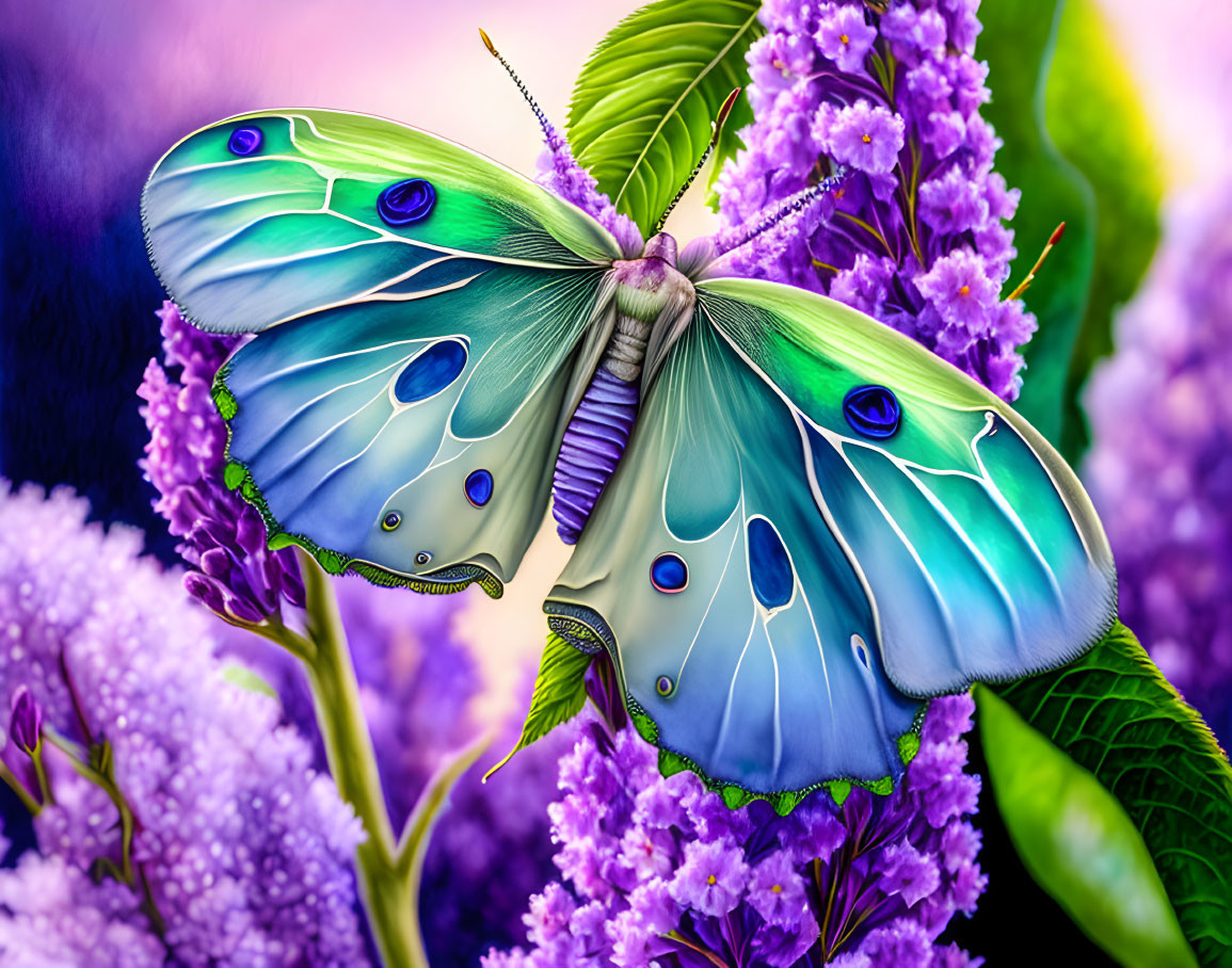 Colorful Butterfly Illustration on Purple Flowers