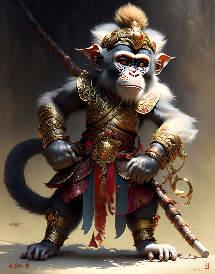 Majestic anthropomorphic monkey warrior in mystical Asian motif