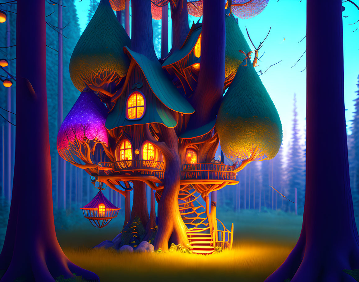 Enchanting Treehouse Glowing in Twilight Forest