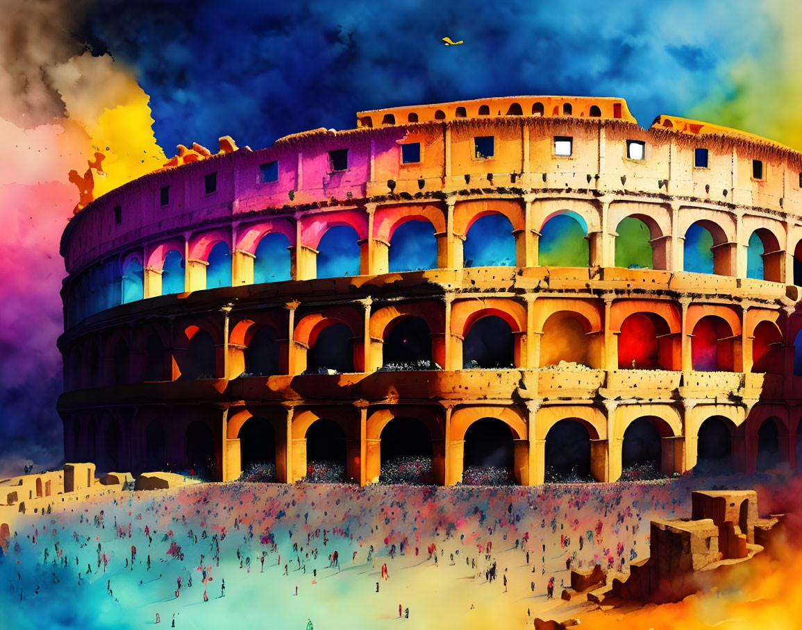 Colorful Colosseum painting with crowd and dramatic sky