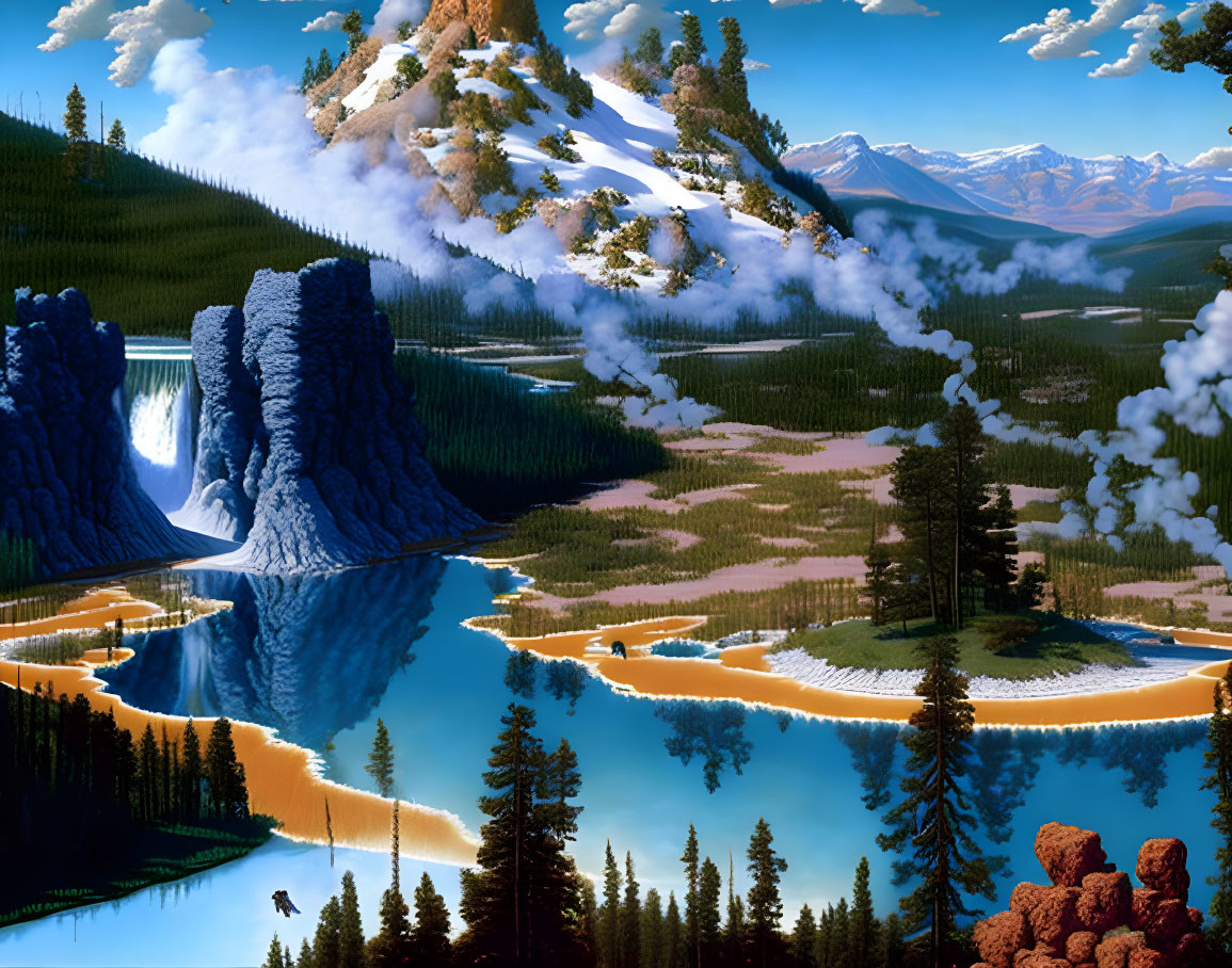 Mirrored mountains, waterfalls, and symmetrical trees in surreal landscape