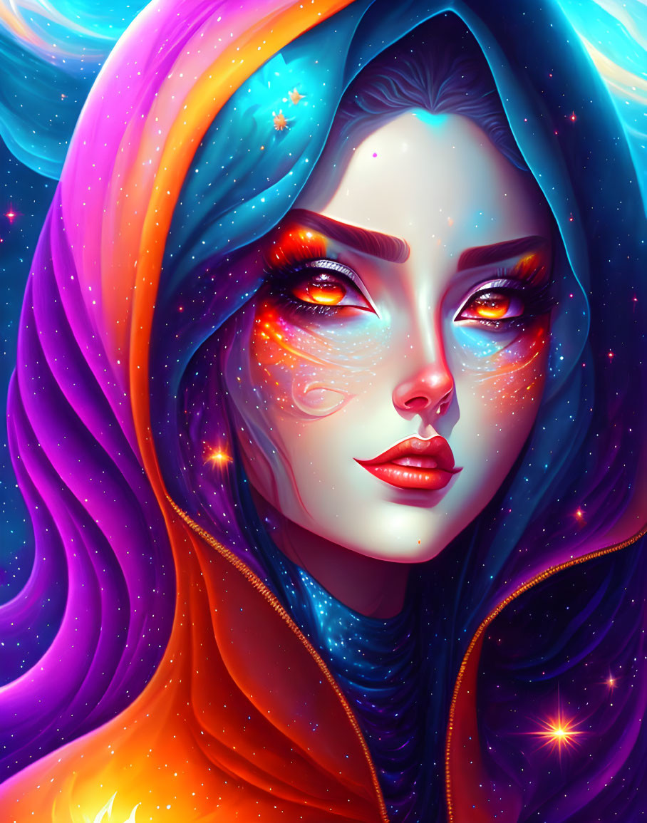 Colorful cosmic-themed woman illustration with star-filled hood