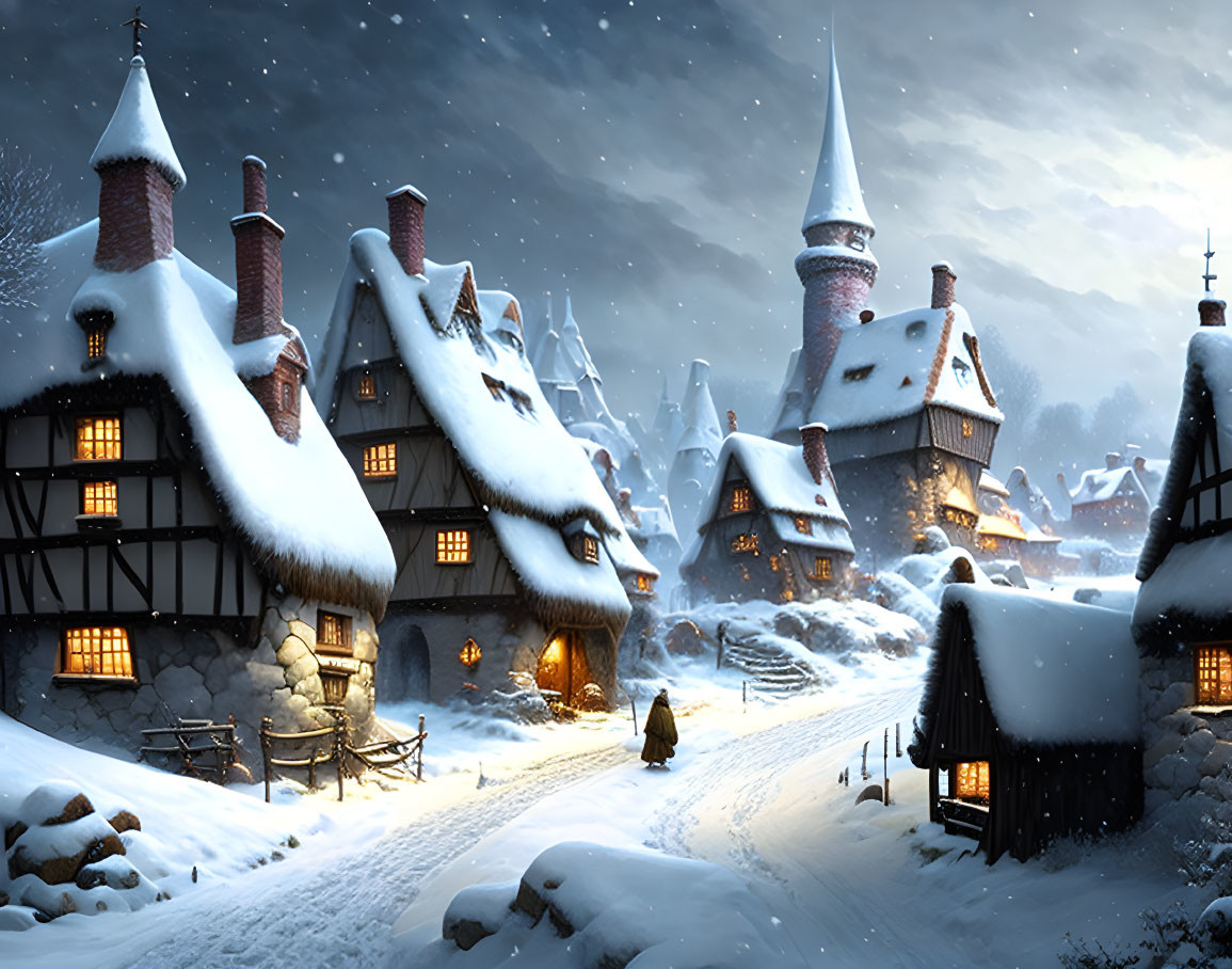 Snow-covered village with illuminated windows and towering spire at twilight