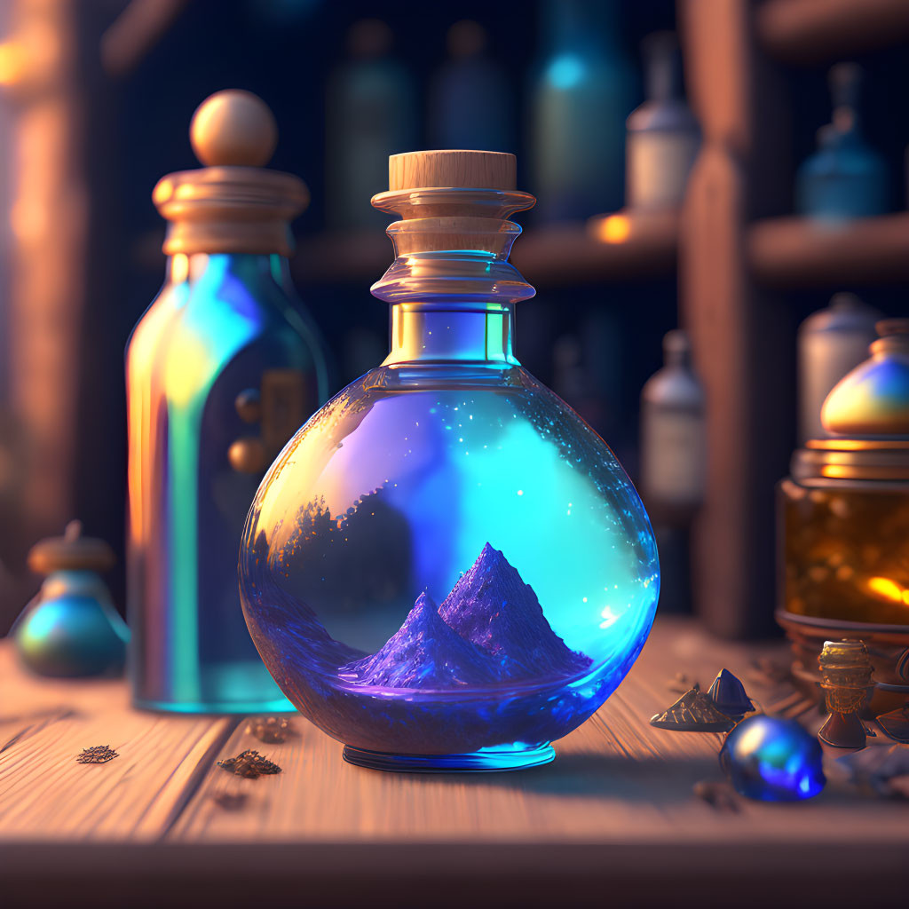 Round potion bottle with mountain landscape on wooden shelf