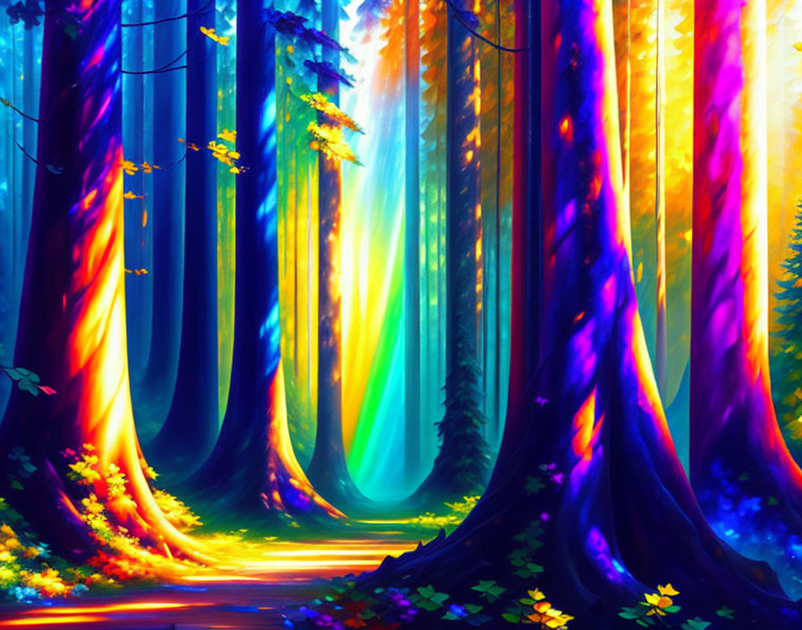 Colorful Light Beams in Vibrant Forest