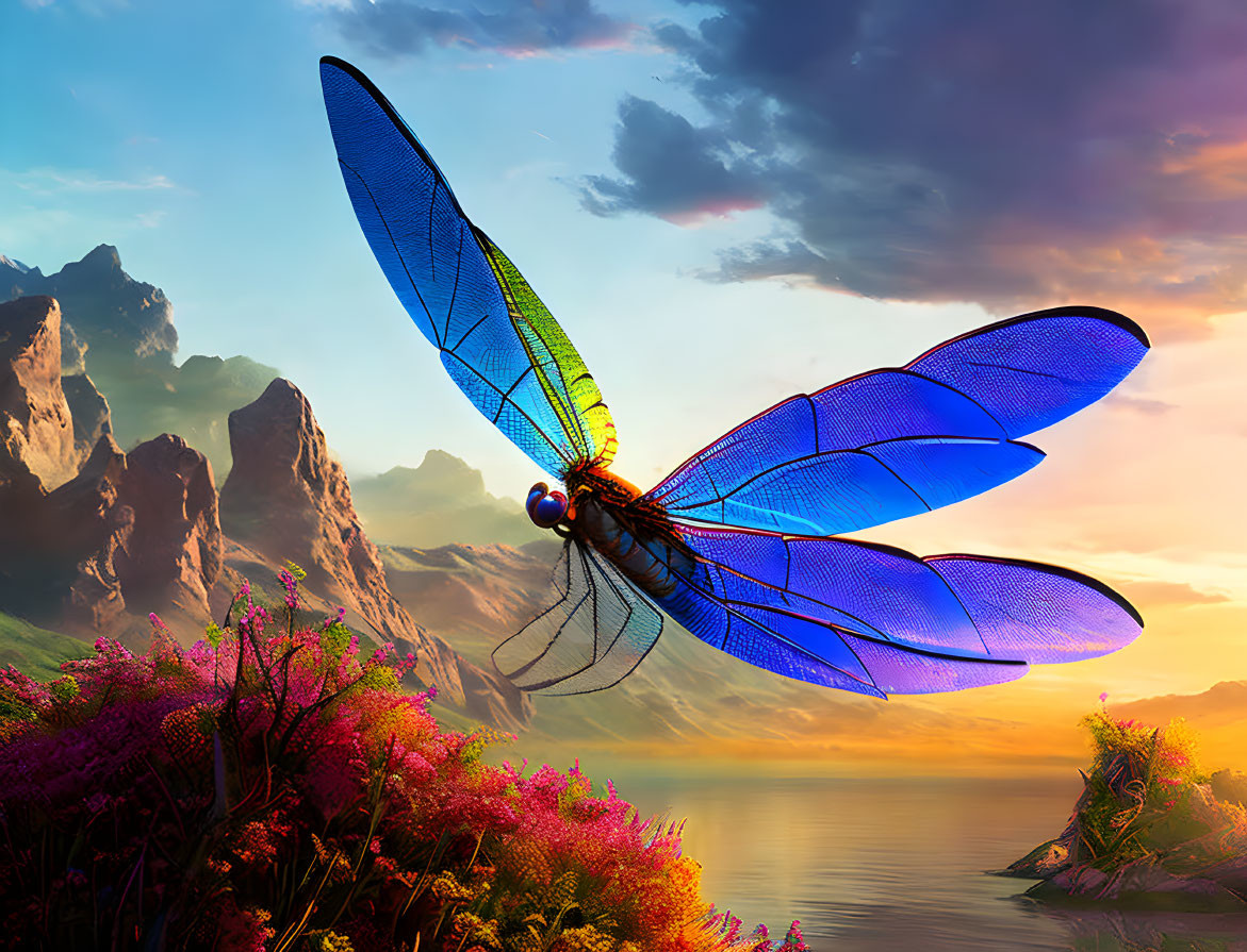 Colorful digital artwork of oversized blue dragonfly over scenic lake, pink flowers, mountains, sunset sky