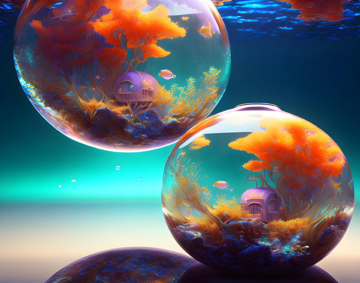 Vibrant coral ecosystems in transparent bubbles with small house and fish in surreal underwater scene