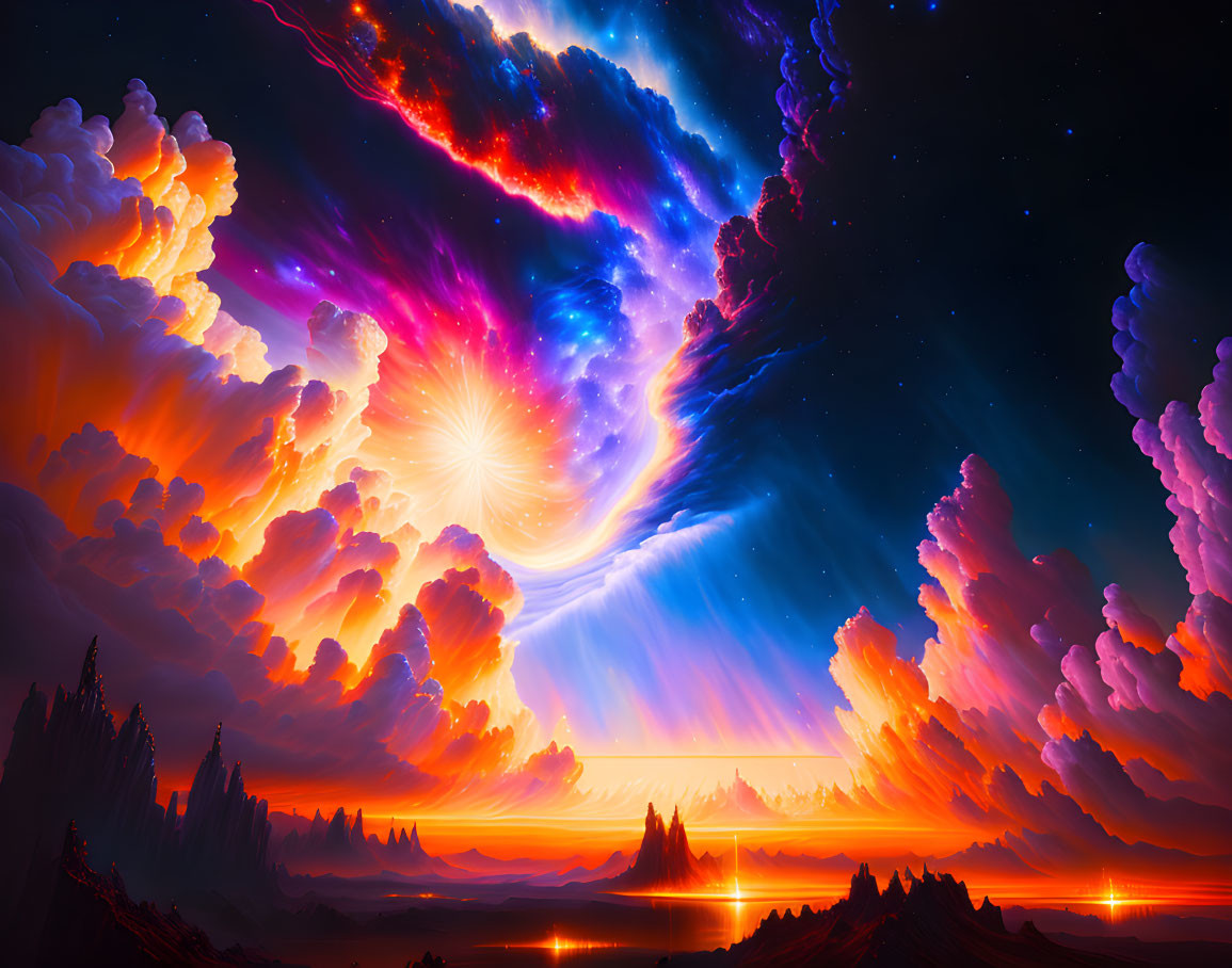 Colorful surreal sky art with swirling clouds and nebulae above forest silhouette