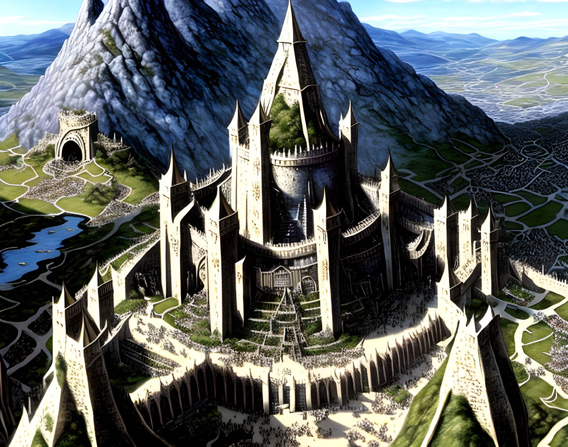 Medieval castle with towering walls and turrets in mountainous landscape