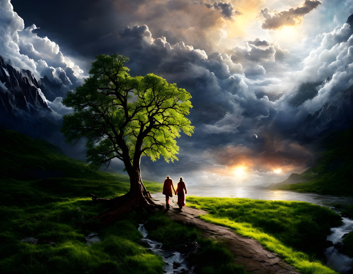 Two individuals walking on narrow path through meadows towards sunset.