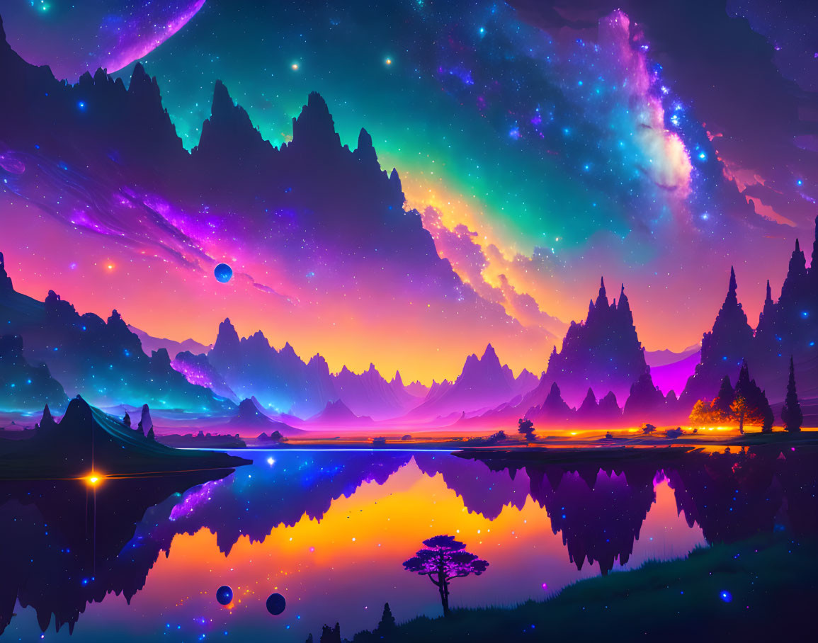 Colorful digital art: neon-lit sky, galaxy, mountains, lake, tree