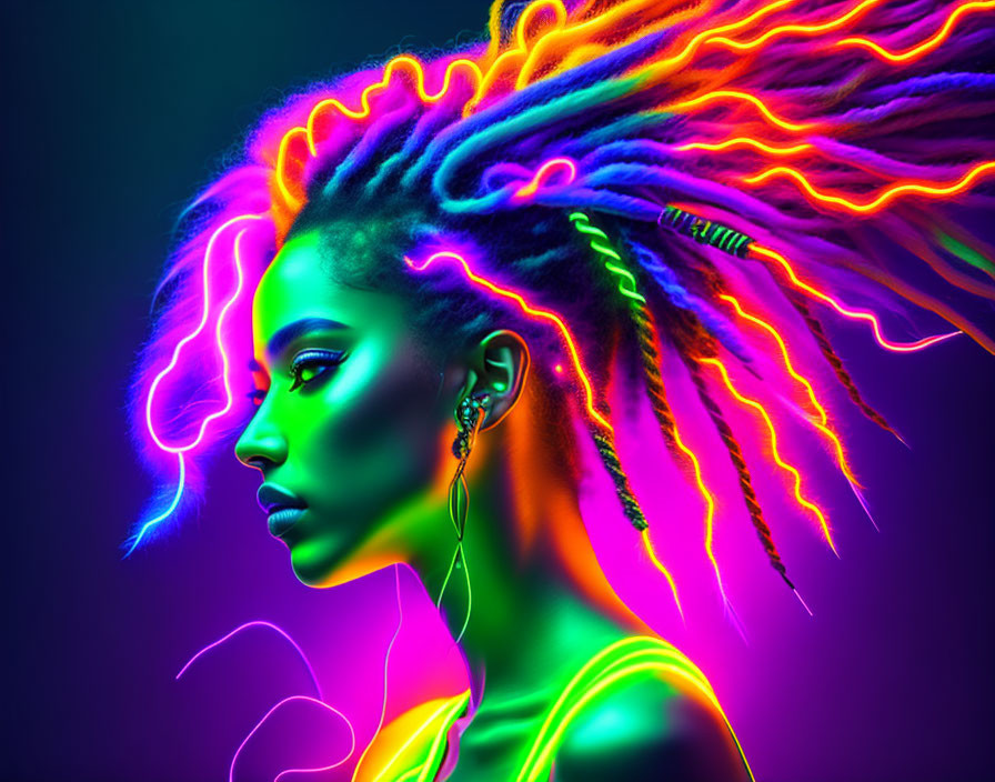 Vibrant neon-colored dreadlocks on a woman against a dark background